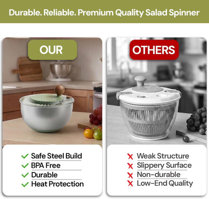 5.3QT Stainless Steel Salad Spinner - Large Salad Spinner with Non-Slip Base, Drain Hole and Stop Button- Dish Washer Safe Vegetable Spinner