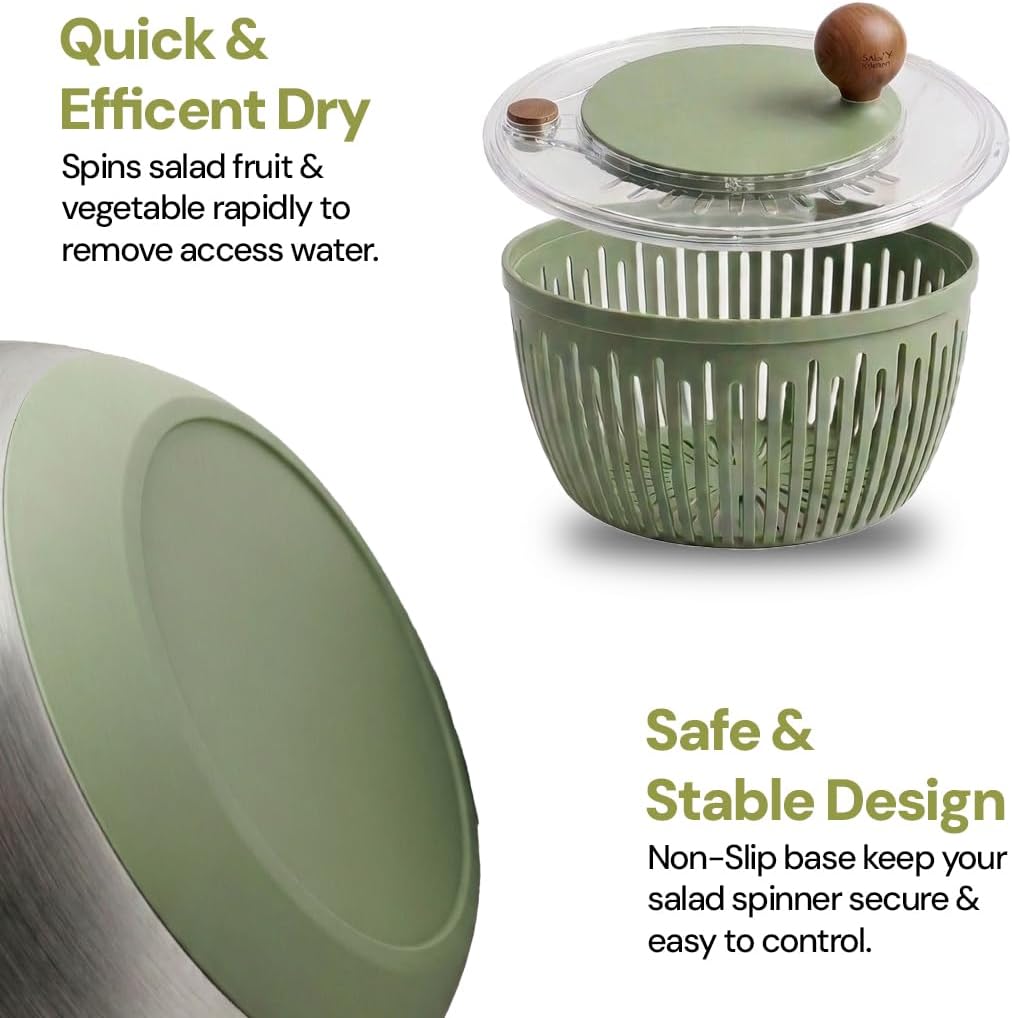 5.3QT Stainless Steel Salad Spinner - Large Salad Spinner with Non-Slip Base, Drain Hole and Stop Button- Dish Washer Safe Vegetable Spinner