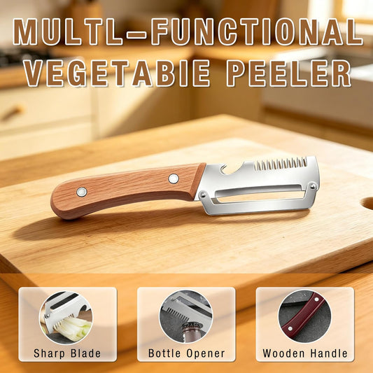 2Pcs Multifunctional Vegetable Peeler,Wooden Kitchen Tool with Bottle Opener,3 in 1 Kitchen Gadgets Stainless Steel Peelers for Fruit Veggie