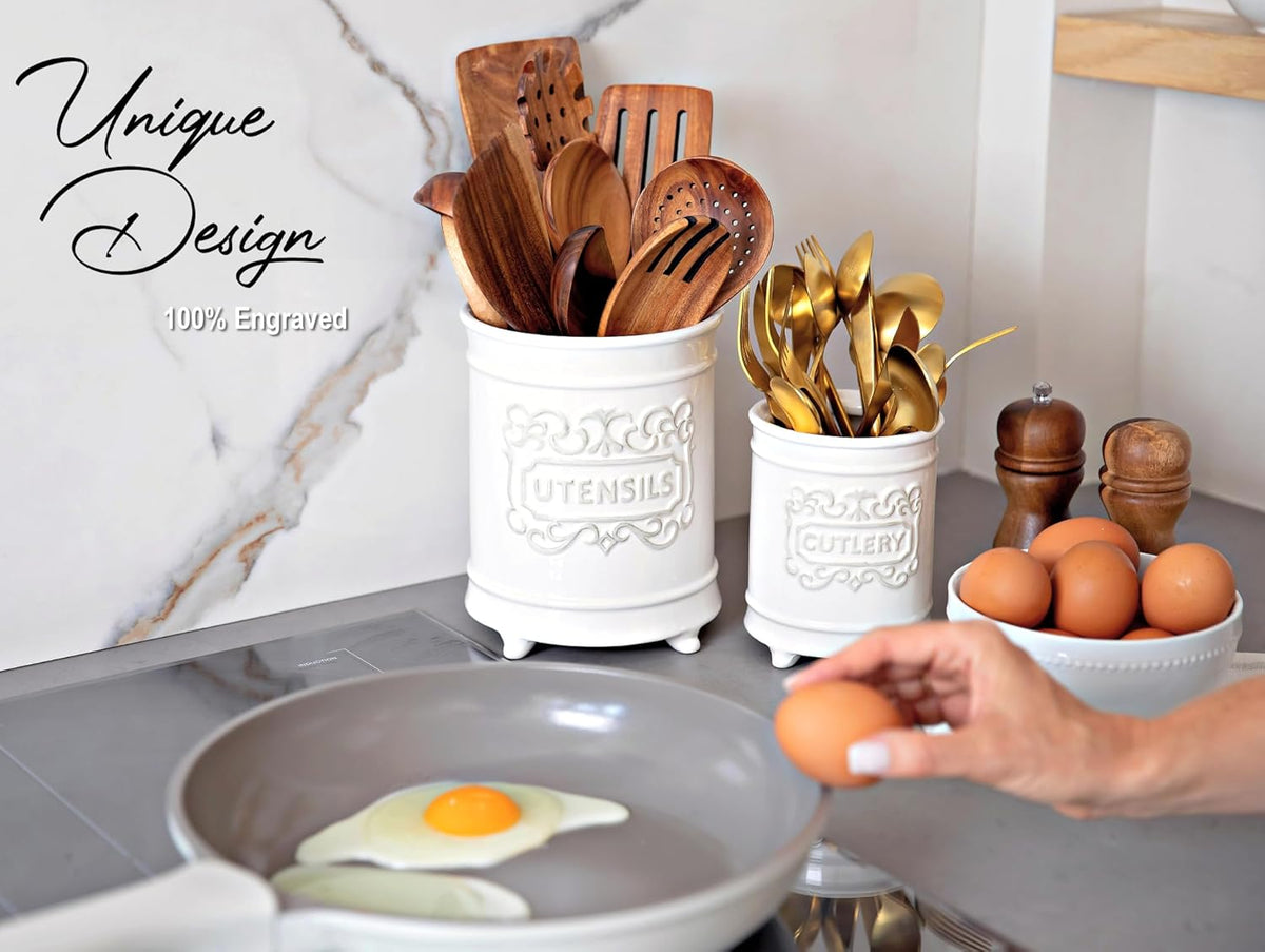Large 7.5"+5.5" Elegant Ceramic Utensil Holder for Countertop, Cooking Utensils Organizer for Spatula, Large Utensils Crock for Kitchen Counter, Kitchen Decor, set of 2, White