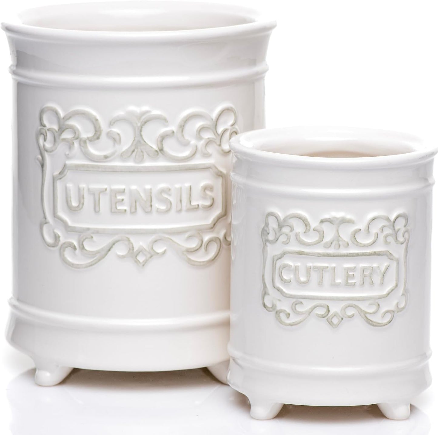 Large 7.5"+5.5" Elegant Ceramic Utensil Holder for Countertop, Cooking Utensils Organizer for Spatula, Large Utensils Crock for Kitchen Counter, Kitchen Decor, set of 2, White