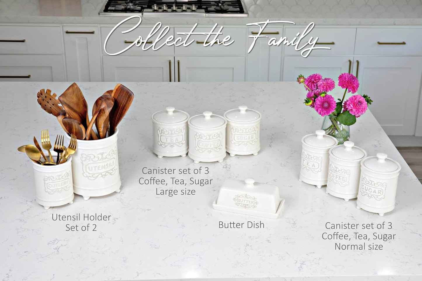 Large 7.5"+5.5" Elegant Ceramic Utensil Holder for Countertop, Cooking Utensils Organizer for Spatula, Large Utensils Crock for Kitchen Counter, Kitchen Decor, set of 2, White