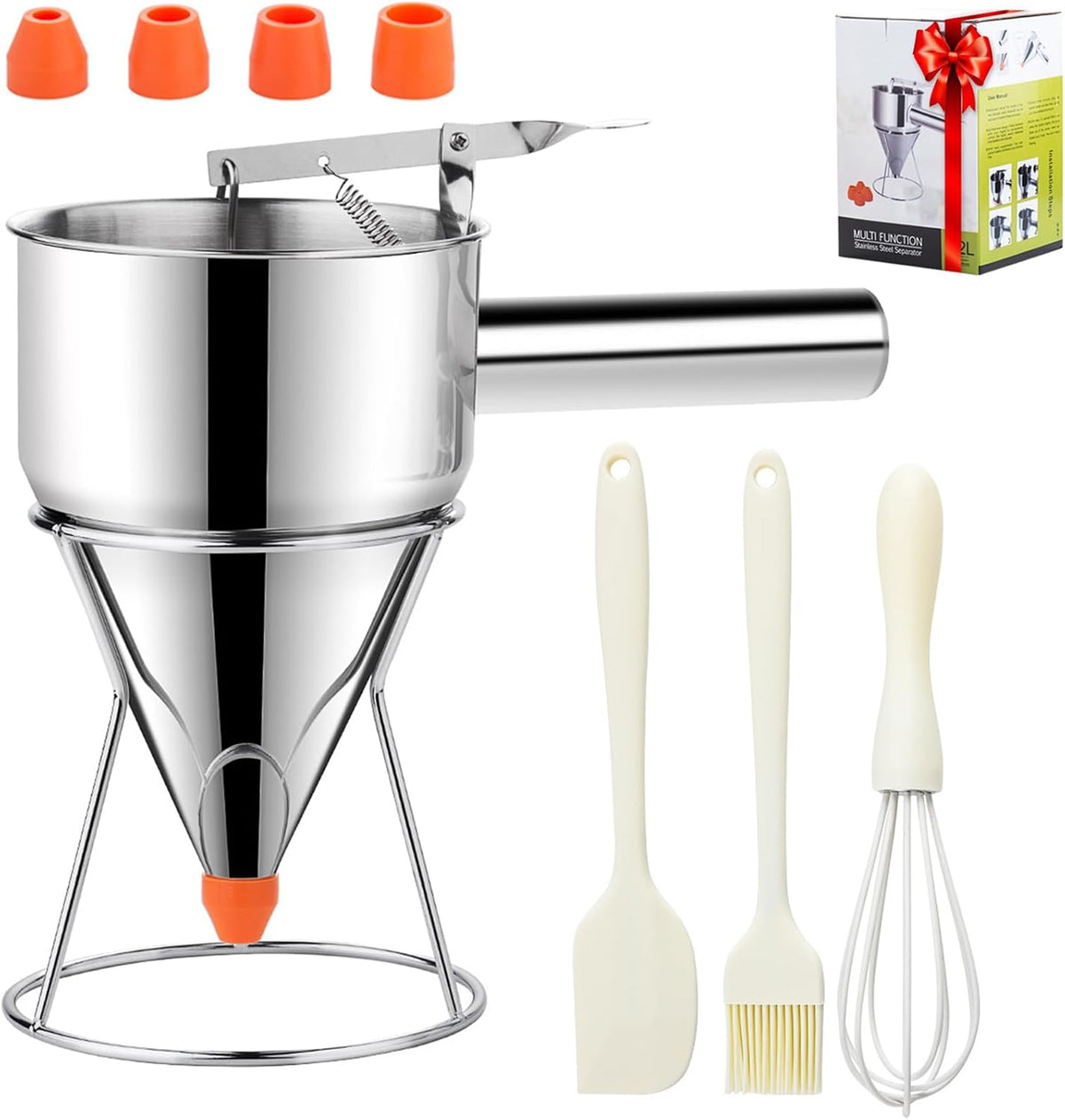 20oz Pancake Batter Dispenser, Stainless Steel Funnel Cake Dispenser with 4 Silicone Nozzles, Perfect for Pancakes, Cupcakes, and Funnel Cakes