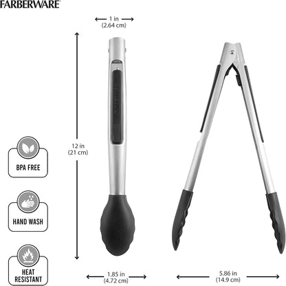 5216358 Professional Stainless Steel and Heat Resistant Nylon Locking Kitchen Tongs with Silicone Tips, 12-Inch