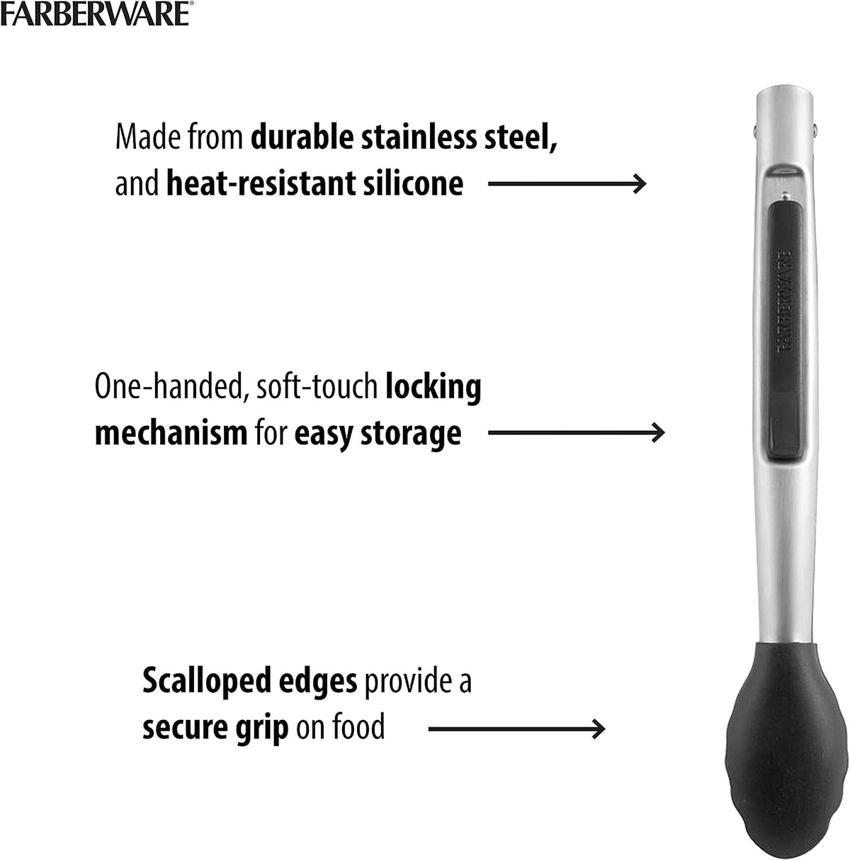 5216358 Professional Stainless Steel and Heat Resistant Nylon Locking Kitchen Tongs with Silicone Tips, 12-Inch