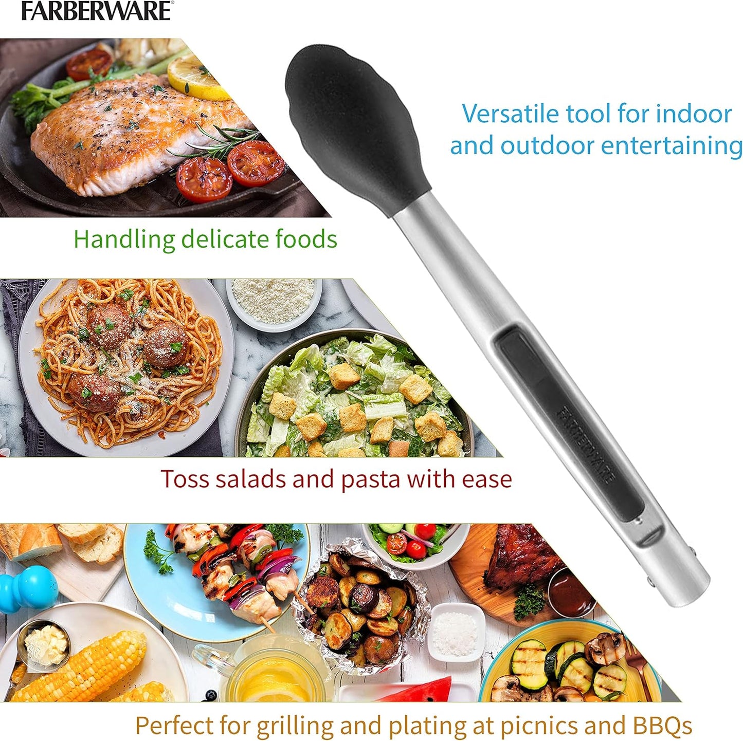 5216358 Professional Stainless Steel and Heat Resistant Nylon Locking Kitchen Tongs with Silicone Tips, 12-Inch