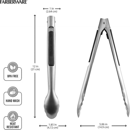 5216358 Professional Stainless Steel and Heat Resistant Nylon Locking Kitchen Tongs with Silicone Tips, 12-Inch