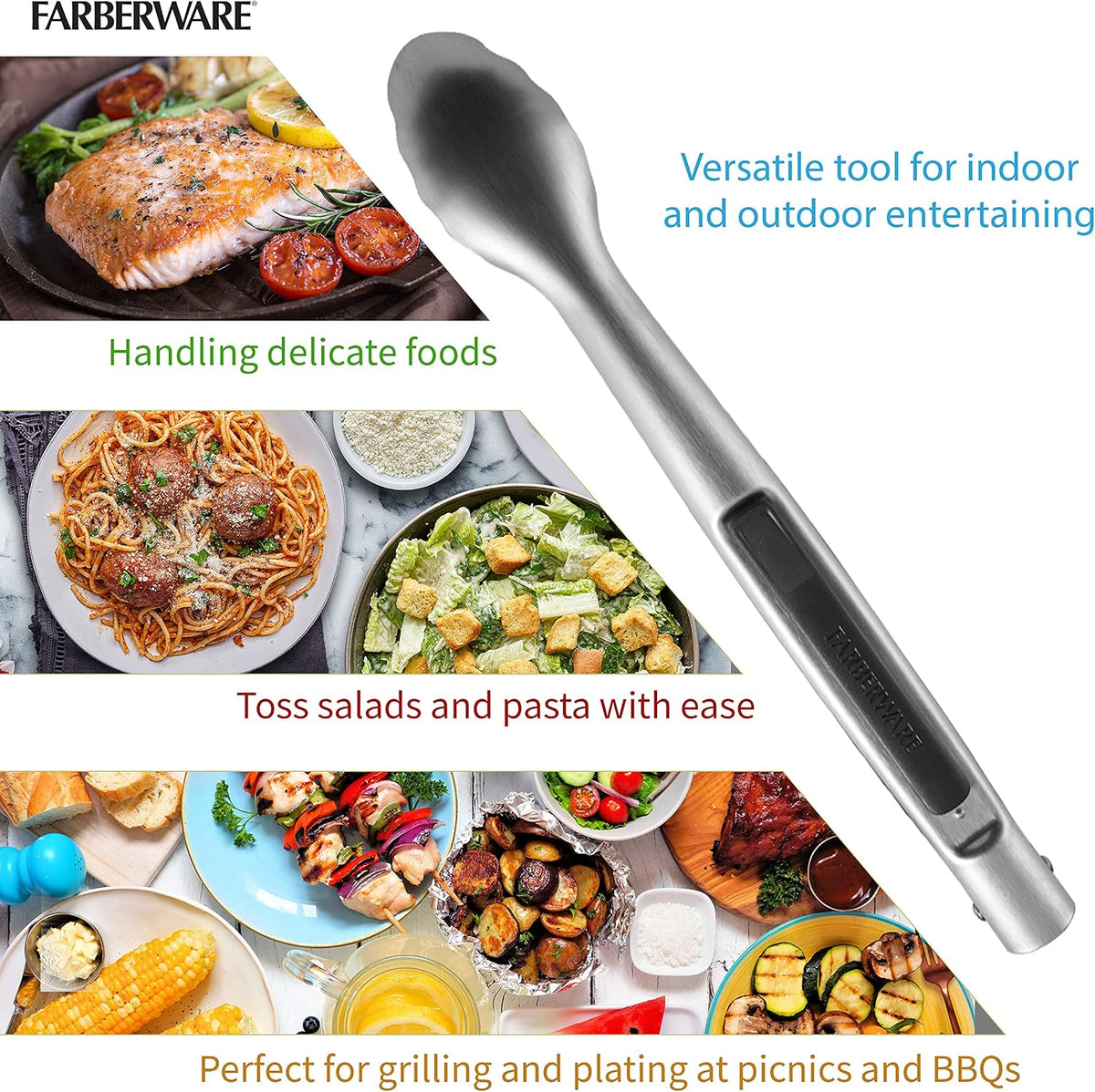 5216358 Professional Stainless Steel and Heat Resistant Nylon Locking Kitchen Tongs with Silicone Tips, 12-Inch