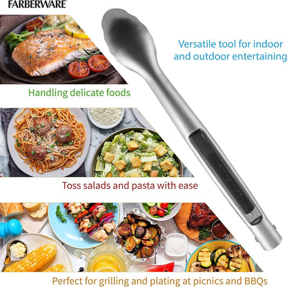 5216358 Professional Stainless Steel and Heat Resistant Nylon Locking Kitchen Tongs with Silicone Tips, 12-Inch