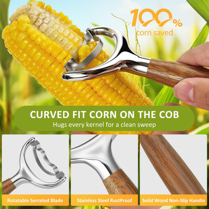 Stainless Steel Corn Peeler, Durable Corn on the Cob Stripper Tool with Solid Wood Good Grip Handle for Salad Polenta Pizza Popcorn Cooking Gifts for Woman Her Mom Birthday (Merbau)