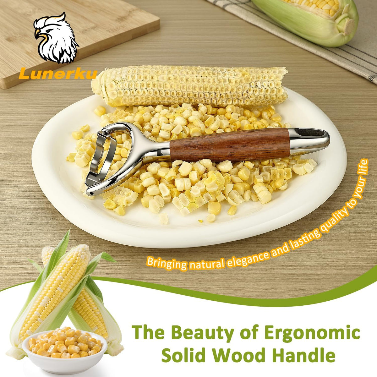 Stainless Steel Corn Peeler, Durable Corn on the Cob Stripper Tool with Solid Wood Good Grip Handle for Salad Polenta Pizza Popcorn Cooking Gifts for Woman Her Mom Birthday (Merbau)