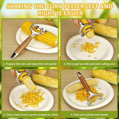 Stainless Steel Corn Peeler, Durable Corn on the Cob Stripper Tool with Solid Wood Good Grip Handle for Salad Polenta Pizza Popcorn Cooking Gifts for Woman Her Mom Birthday (Merbau)