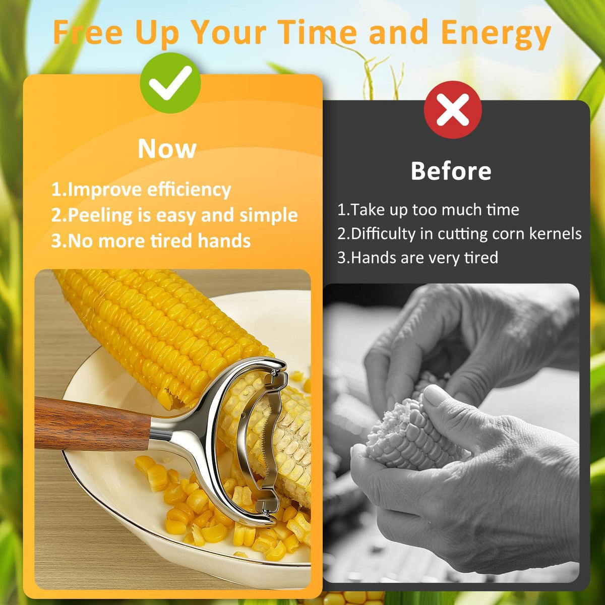 Stainless Steel Corn Peeler, Durable Corn on the Cob Stripper Tool with Solid Wood Good Grip Handle for Salad Polenta Pizza Popcorn Cooking Gifts for Woman Her Mom Birthday (Merbau)