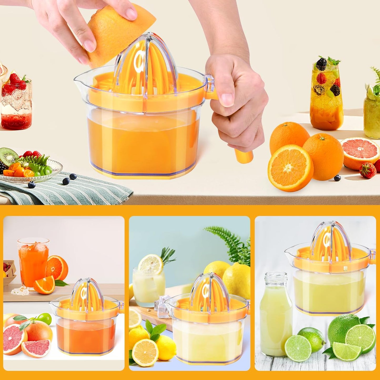 Lemon Squeezer 4-in-1 Lemon Hand Juicer - Manual Orange Juicer Multifunctional Lemons Lime Squeezer, Citrus Juicers Press Fruit with Detachable Comfortable Handle, 16.9oz Capacity (ORANGE)
