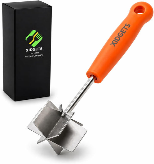 Stainless Steel Mini Meat Chopper & Cocktail Muddler| 6-Blade Chopper Tool | Small Smasher | Compact Ergonomic Handle | Dishwasher Safe - 7" (Retro Orange Mini)