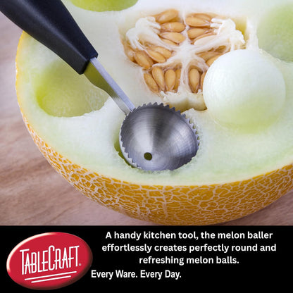Stainless Steel Melon Baller, Metal Kitchen Food Preparation Scooper Tool to Scoop Watermelon, Cantaloupe and Fruit Melons, Commercial Foodservice Restaurant Use, 6.5" Long, Silver Black