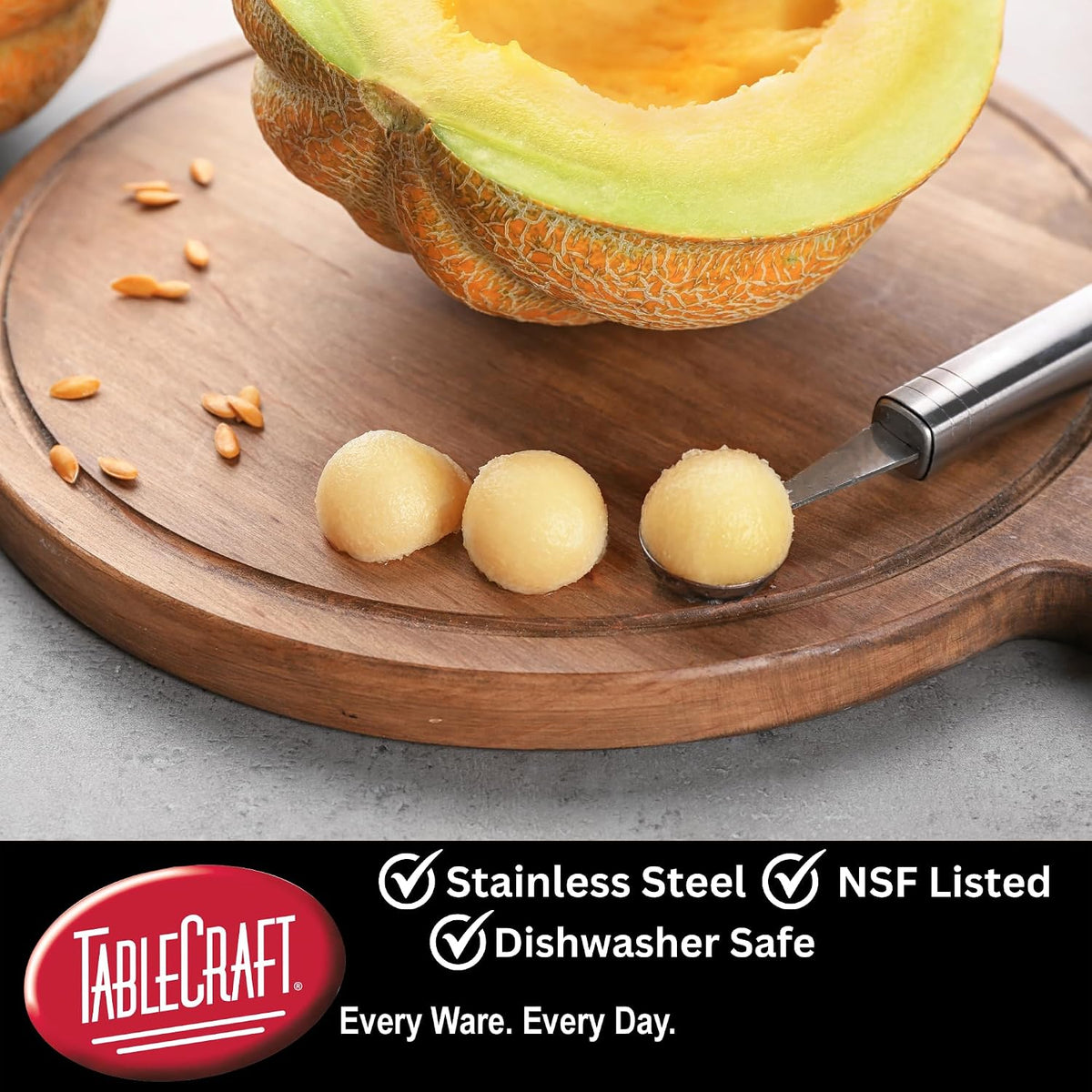 Stainless Steel Melon Baller, Metal Kitchen Food Preparation Scooper Tool to Scoop Watermelon, Cantaloupe and Fruit Melons, Commercial Foodservice Restaurant Use, 6.5" Long, Silver Black