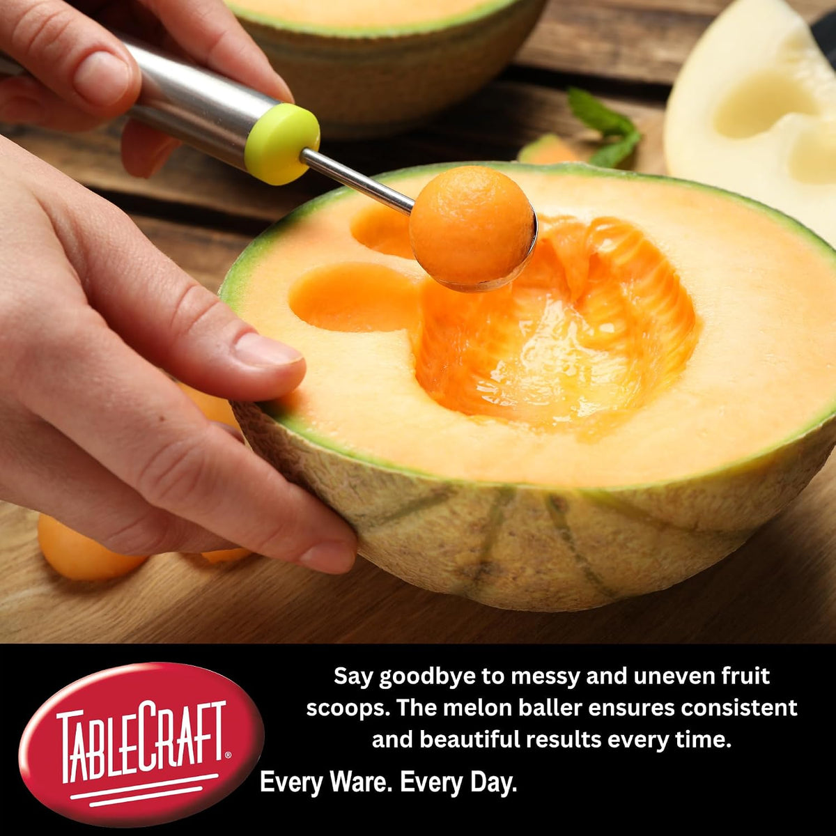 Stainless Steel Melon Baller, Metal Kitchen Food Preparation Scooper Tool to Scoop Watermelon, Cantaloupe and Fruit Melons, Commercial Foodservice Restaurant Use, 6.5" Long, Silver Black