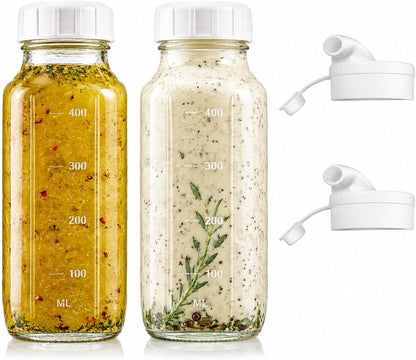 2-Pack Glass Salad Dressing Shaker Bottles, 16 oz Each, Leakproof Dressing Dispensers with Silicone Pour Spouts for Oil, Vinegar, Sauces, Marinades and Meal Prep