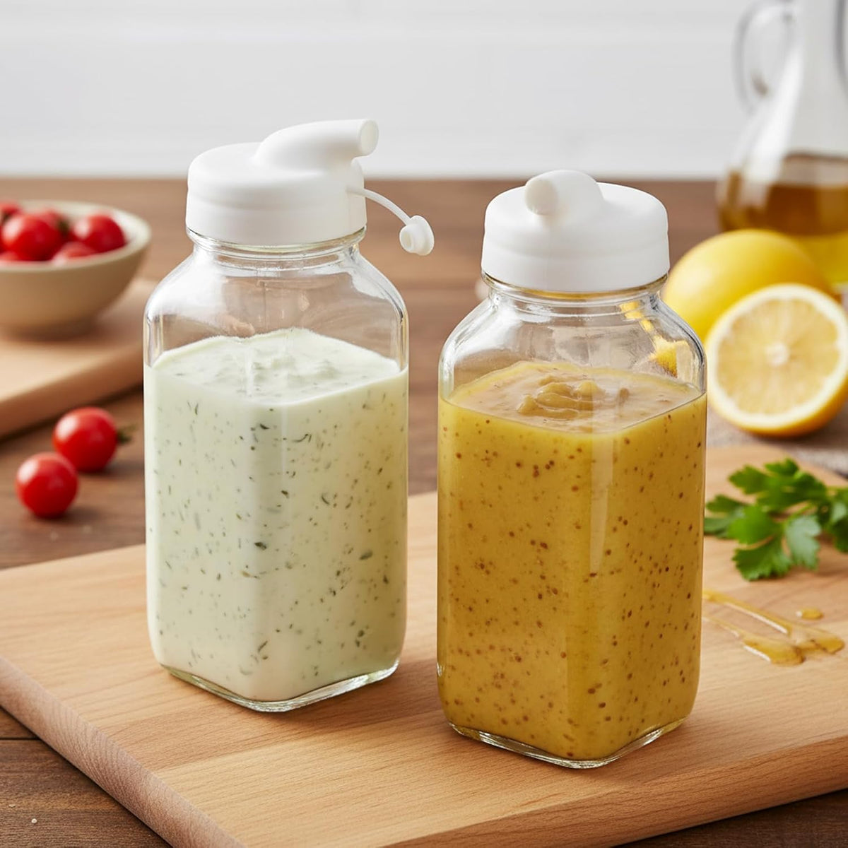 2-Pack Glass Salad Dressing Shaker Bottles, 16 oz Each, Leakproof Dressing Dispensers with Silicone Pour Spouts for Oil, Vinegar, Sauces, Marinades and Meal Prep