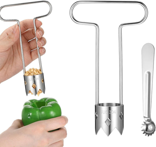 2 Pcs Seed Corer T Shaped Fruit Stem Remover Red Bell Pepper Stainless Steel Apple Pineapple Corer Tool for Vegetable Pineapple Pear Bell Pepper Kitchen Gadget