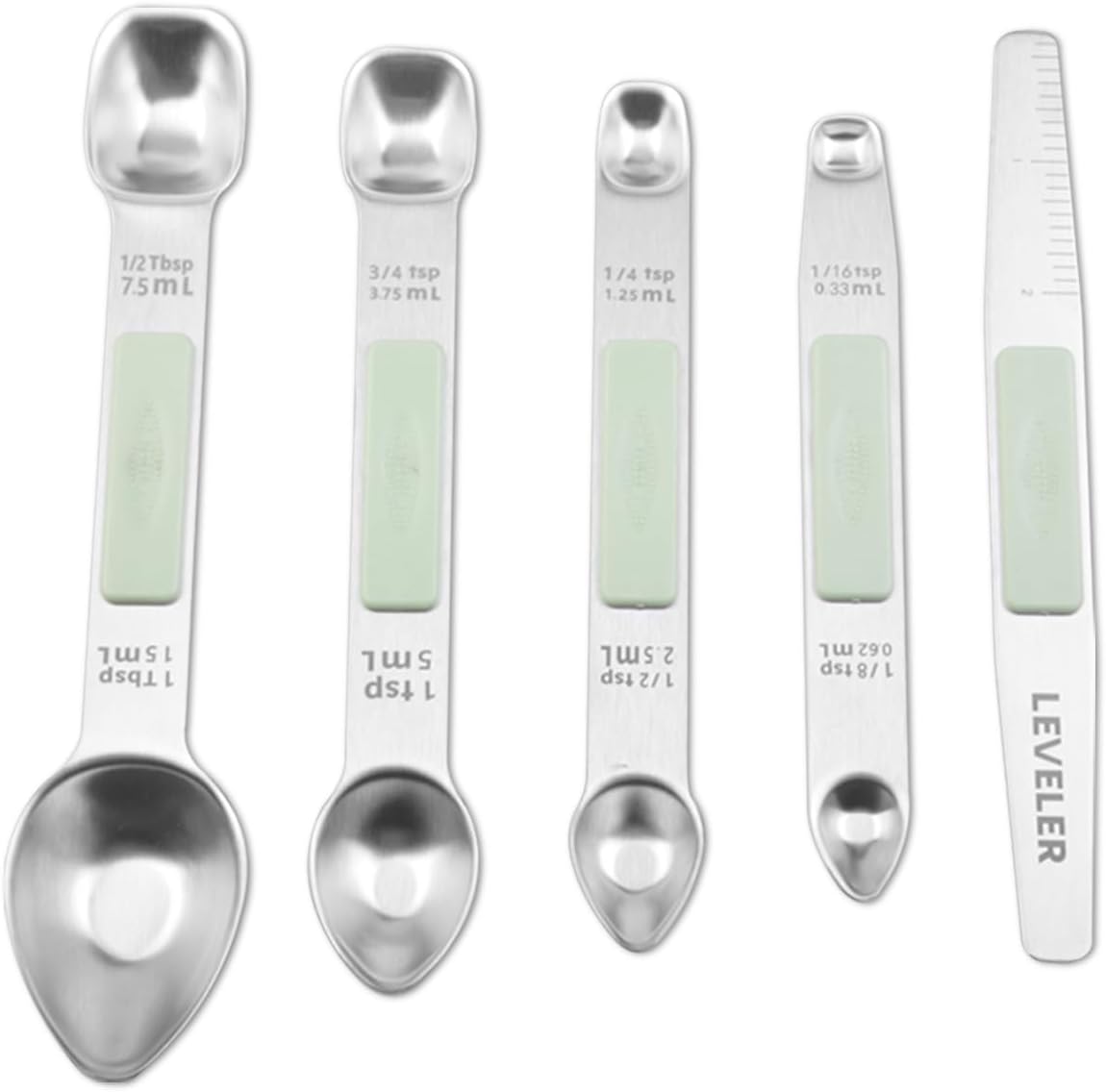 Stainless Steel Magnetic Measuring Spoons Set, Heavy Duty Metal Kitchen Gadgets for Baking & Cooking, Fits in Most Kitchen Spice Jars, Set of 4 with Leveler (Mint green)