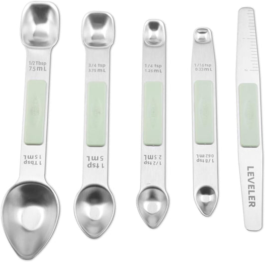 Stainless Steel Magnetic Measuring Spoons Set, Heavy Duty Metal Kitchen Gadgets for Baking & Cooking, Fits in Most Kitchen Spice Jars, Set of 4 with Leveler (Mint green)