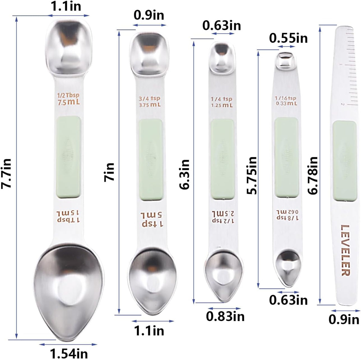 Stainless Steel Magnetic Measuring Spoons Set, Heavy Duty Metal Kitchen Gadgets for Baking & Cooking, Fits in Most Kitchen Spice Jars, Set of 4 with Leveler (Mint green)