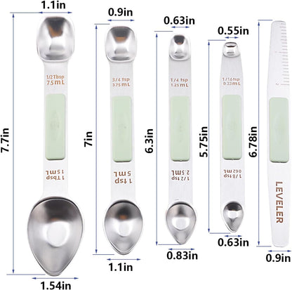 Stainless Steel Magnetic Measuring Spoons Set, Heavy Duty Metal Kitchen Gadgets for Baking & Cooking, Fits in Most Kitchen Spice Jars, Set of 4 with Leveler (Mint green)