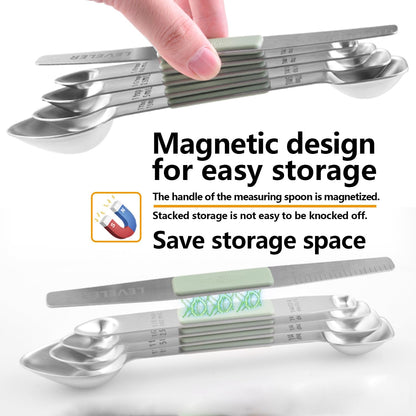Stainless Steel Magnetic Measuring Spoons Set, Heavy Duty Metal Kitchen Gadgets for Baking & Cooking, Fits in Most Kitchen Spice Jars, Set of 4 with Leveler (Mint green)