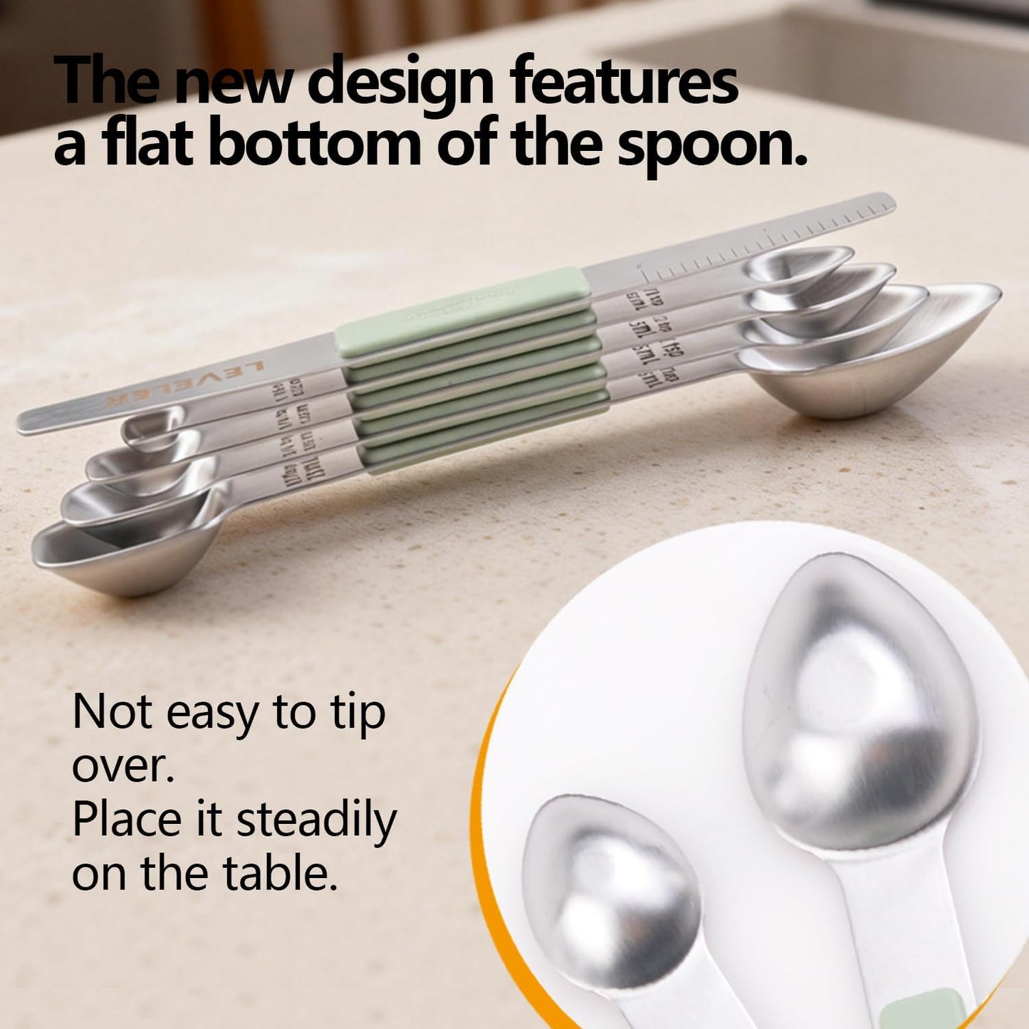 Stainless Steel Magnetic Measuring Spoons Set, Heavy Duty Metal Kitchen Gadgets for Baking & Cooking, Fits in Most Kitchen Spice Jars, Set of 4 with Leveler (Mint green)