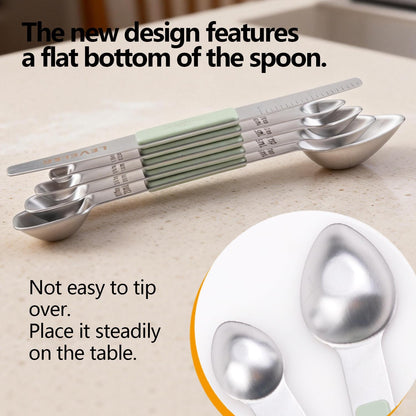 Stainless Steel Magnetic Measuring Spoons Set, Heavy Duty Metal Kitchen Gadgets for Baking & Cooking, Fits in Most Kitchen Spice Jars, Set of 4 with Leveler (Mint green)