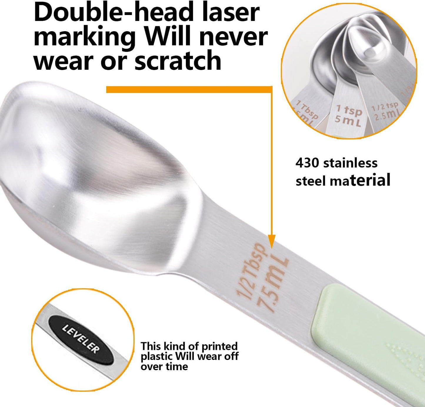 Stainless Steel Magnetic Measuring Spoons Set, Heavy Duty Metal Kitchen Gadgets for Baking & Cooking, Fits in Most Kitchen Spice Jars, Set of 4 with Leveler (Mint green)