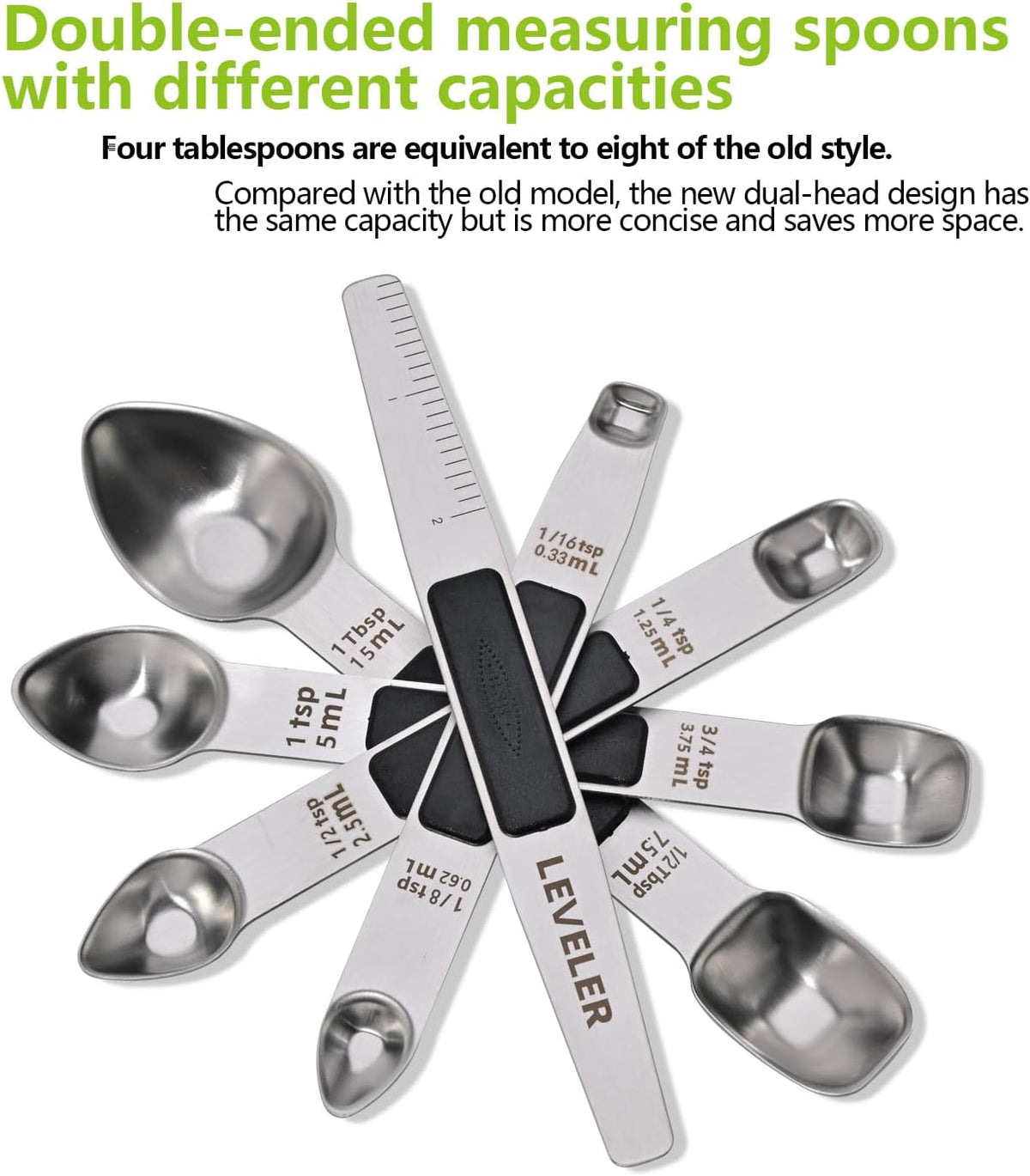 Stainless Steel Magnetic Measuring Spoons Set, Heavy Duty Metal Kitchen Gadgets for Baking & Cooking, Fits in Most Kitchen Spice Jars, Set of 4 with Leveler (Mint green)