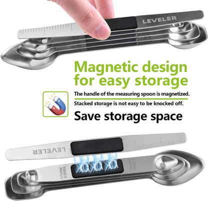 Stainless Steel Magnetic Measuring Spoons Set, Heavy Duty Metal Kitchen Gadgets for Baking & Cooking, Fits in Most Kitchen Spice Jars, Set of 4 with Leveler (Mint green)