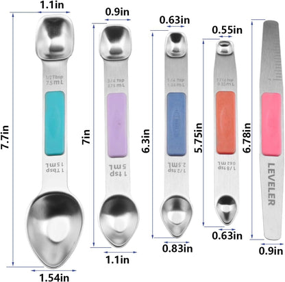 Stainless Steel Magnetic Measuring Spoons Set, Heavy Duty Metal Kitchen Gadgets for Baking & Cooking, Fits in Most Kitchen Spice Jars, Set of 4 with Leveler (Mint green)