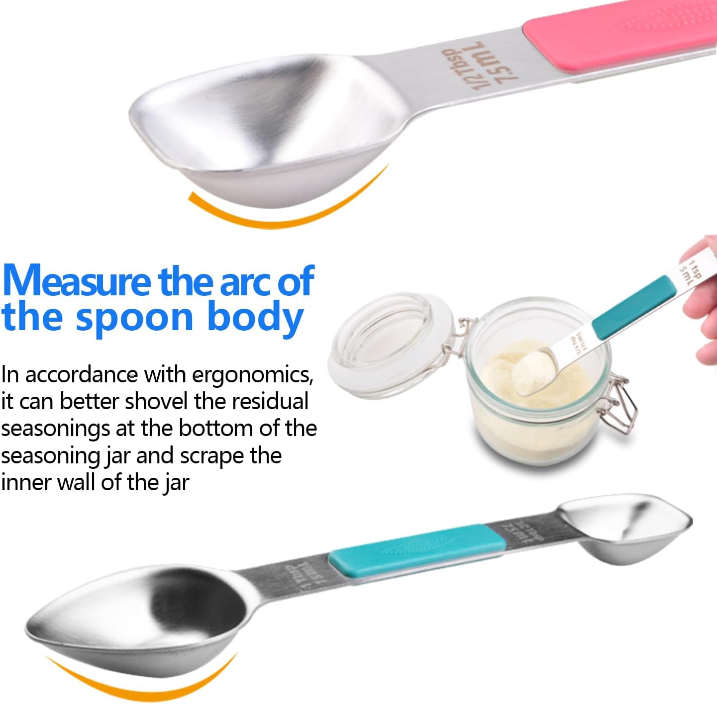 Stainless Steel Magnetic Measuring Spoons Set, Heavy Duty Metal Kitchen Gadgets for Baking & Cooking, Fits in Most Kitchen Spice Jars, Set of 4 with Leveler (Mint green)