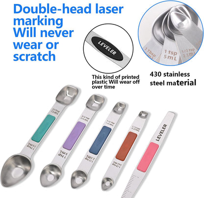 Stainless Steel Magnetic Measuring Spoons Set, Heavy Duty Metal Kitchen Gadgets for Baking & Cooking, Fits in Most Kitchen Spice Jars, Set of 4 with Leveler (Mint green)