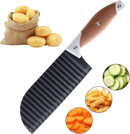 Crinkle Cutter for Veggies, Crinkle Cut Knife, Great for Veggies, French Fry, Potato, Cucumber, Carrot, Stainless Steel Wave Fries Cutter Slicer with Rubber Handle, Dishwasher Safe (Brown)