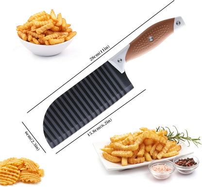 Crinkle Cutter for Veggies, Crinkle Cut Knife, Great for Veggies, French Fry, Potato, Cucumber, Carrot, Stainless Steel Wave Fries Cutter Slicer with Rubber Handle, Dishwasher Safe (Brown)
