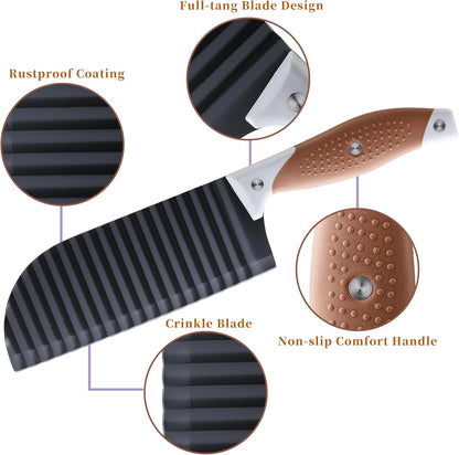 Crinkle Cutter for Veggies, Crinkle Cut Knife, Great for Veggies, French Fry, Potato, Cucumber, Carrot, Stainless Steel Wave Fries Cutter Slicer with Rubber Handle, Dishwasher Safe (Brown)