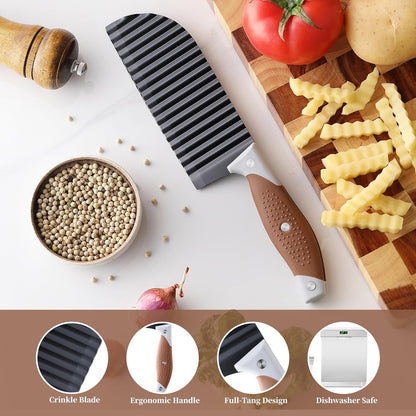 Crinkle Cutter for Veggies, Crinkle Cut Knife, Great for Veggies, French Fry, Potato, Cucumber, Carrot, Stainless Steel Wave Fries Cutter Slicer with Rubber Handle, Dishwasher Safe (Brown)