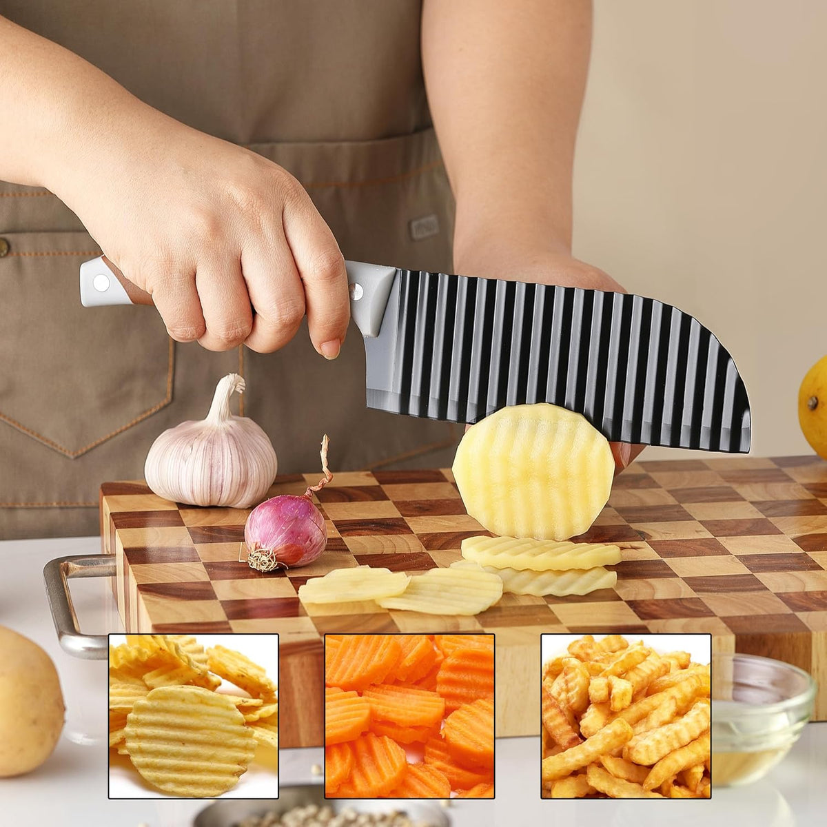 Crinkle Cutter for Veggies, Crinkle Cut Knife, Great for Veggies, French Fry, Potato, Cucumber, Carrot, Stainless Steel Wave Fries Cutter Slicer with Rubber Handle, Dishwasher Safe (Brown)