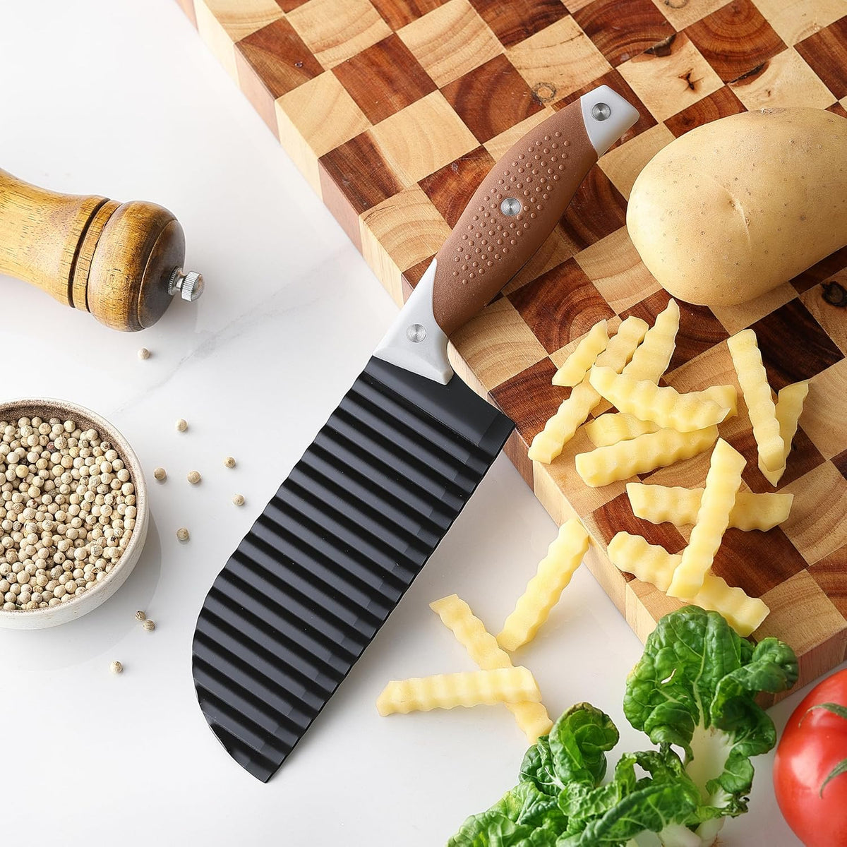 Crinkle Cutter for Veggies, Crinkle Cut Knife, Great for Veggies, French Fry, Potato, Cucumber, Carrot, Stainless Steel Wave Fries Cutter Slicer with Rubber Handle, Dishwasher Safe (Brown)