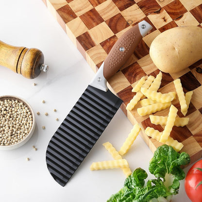 Crinkle Cutter for Veggies, Crinkle Cut Knife, Great for Veggies, French Fry, Potato, Cucumber, Carrot, Stainless Steel Wave Fries Cutter Slicer with Rubber Handle, Dishwasher Safe (Brown)