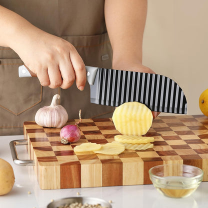 Crinkle Cutter for Veggies, Crinkle Cut Knife, Great for Veggies, French Fry, Potato, Cucumber, Carrot, Stainless Steel Wave Fries Cutter Slicer with Rubber Handle, Dishwasher Safe (Brown)
