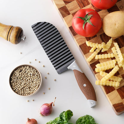 Crinkle Cutter for Veggies, Crinkle Cut Knife, Great for Veggies, French Fry, Potato, Cucumber, Carrot, Stainless Steel Wave Fries Cutter Slicer with Rubber Handle, Dishwasher Safe (Brown)