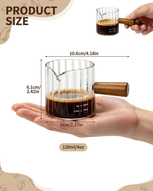 2 Pack Espresso Measuring Cups, 4oz Borosilicate Glass Espresso Shot Glasses with Wood Handle, V-Shaped Spout Ribbed Milk Frothing Cup, Measuring Cup for Coffee, Latte, Cappuccino, Tea, Syrup