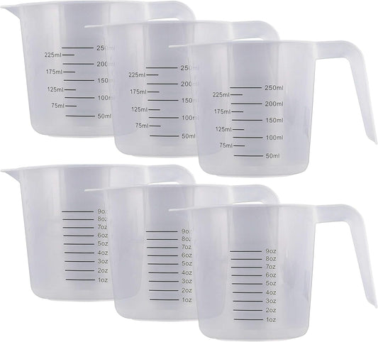 Plastic Measuring Cups with Handles - 8 oz (250 ml) Liquid Measuring Cup Set of 6 - Clear Microwave Safe Kitchen Cups - Measure in mL or Ounces, Measurement Cup for Cooking