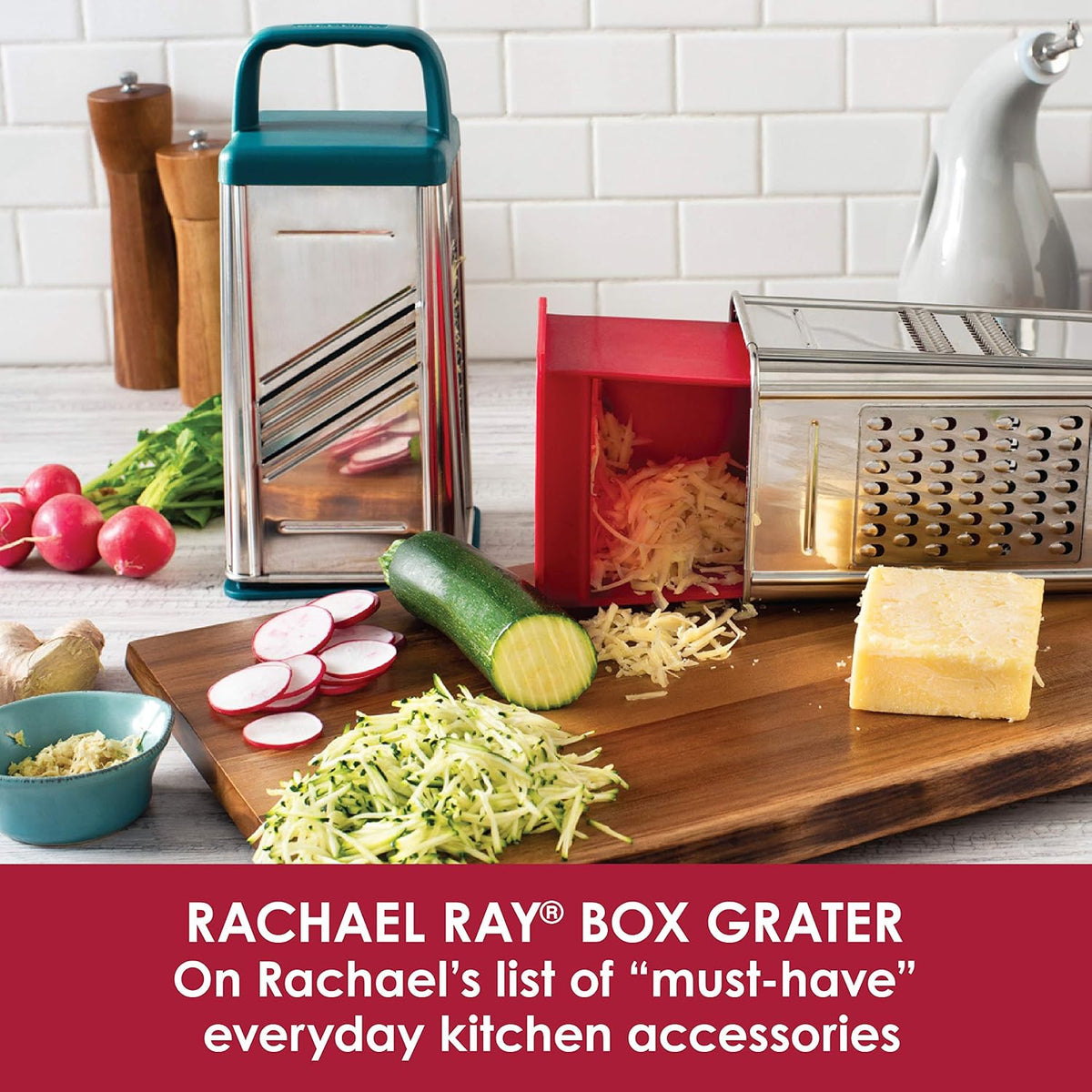 Rachael Ray Tools and Gadgets Stainless Steel Box Grater for Vegetables, Chocolate, Hard Cheeses, and more, Teal Blue